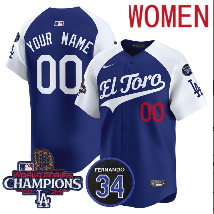 Women MLB Los Angeles Dodgers Custom blue 2024 World Series Champions Patch Cooperstown Jersey 